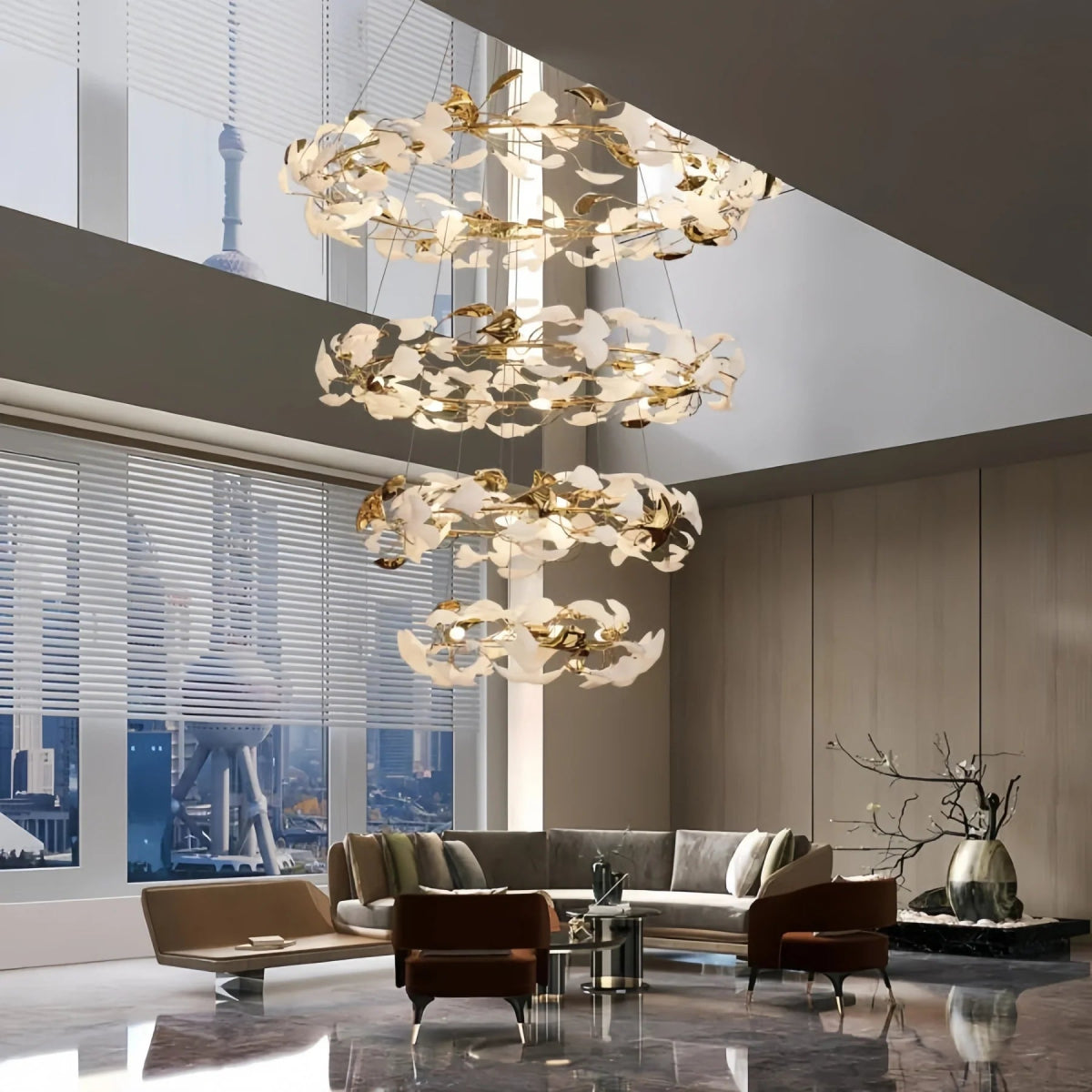 Ceramic Ginkgo Rings Linear Branch Chandelier - Auralume